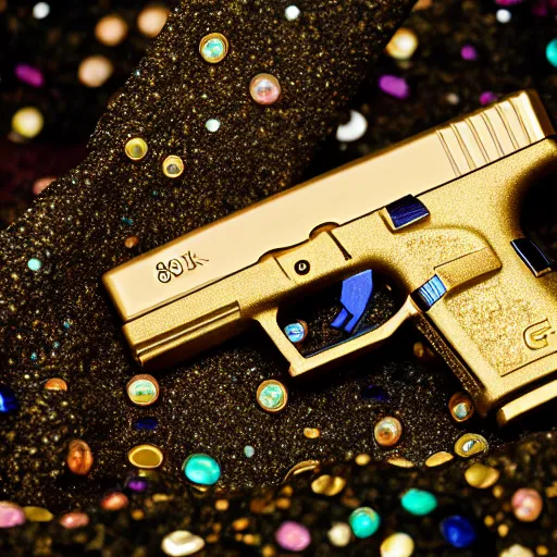 Image similar to a medium shot photograph of a gold glock 18 encrusted with gemstones against a smooth silk background