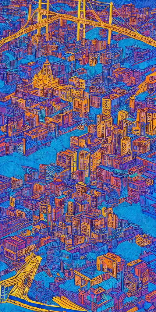 Image similar to san francisco san francisco san francisco, ultrafine detailed illustration by james jean, intricate linework, bright colors, behance contest winner, vanitas, angular, altermodern, unreal engine 5 highly rendered, global illumination, radiant light, detailed and intricate environment