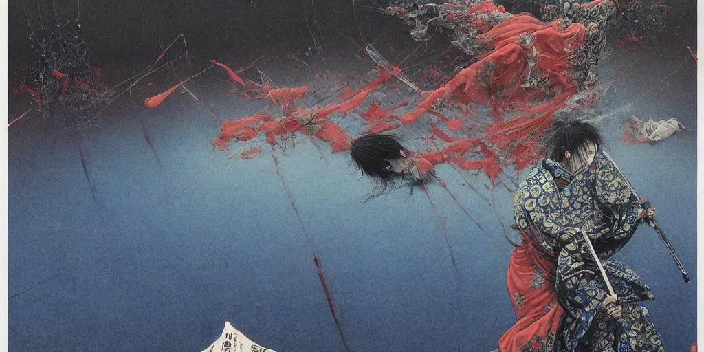 Image similar to Japanese schoolgirl runs away from Samurai with a katana on the subway, high detailed Beksinski painting, part by Adrian Ghenie and Gerhard Richter. art by Takato Yamamoto. deep colours, blue
