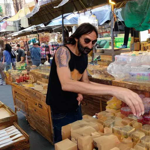 Prompt: ricardo villalobos buying artisanal ketamine from the market