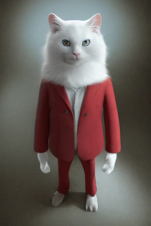 Image similar to a white cat with blue eyes wearing a red formal overcoat, hyperrealistic, concept art, octane render, unreal engine 5, realistic and defined face, profile picture, digital art, pixar and disney style, symmetrical, high quality, highly detailed, high coherence, path traced, house background, low contrast, beautiful, elegant clothes