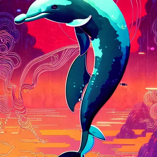 Image similar to a beautiful hyperdetailed character design 4 k wallpaper illustration of a cute dolphin, victo ngai cyberpunk style, from china, style of studio ghibli, makoto shinkai, raphael lacoste, louis comfort tiffany, artgerm, james jean, ross tran, chinese style