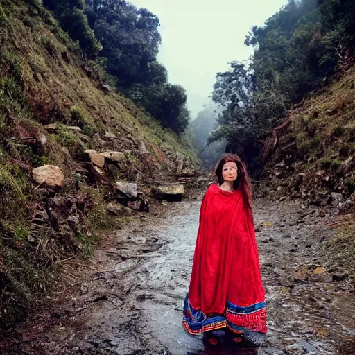 Image similar to define the character of a beautiful girl, messy long red hair, messy wet grey tribal clothes, short torn up pants, she is walking on a mountain and we see down in a deep valley a very poor old shanti town with wooden ruins, medieval time, heavy rain, late at night, mist, cinematic, 8 k,