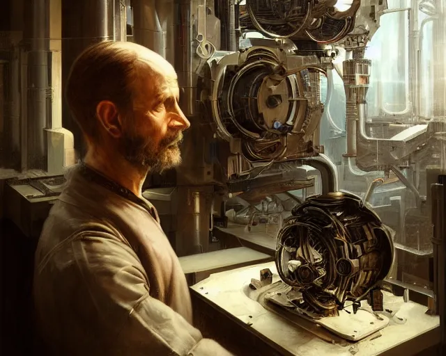 Prompt: portrait of a man building a machine in a science fiction futuristic environment, by ( leonardo da vinci ), sharp focus, intense emotion, illustration, centered, intricate, artstation, detailed facial expression, elegant, highly detailed, digital painting, concept art, wlop, smooth, detailed surroundings