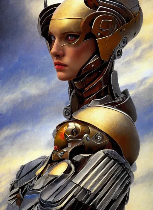 Prompt: symmetry! closeup portrait of a biblical diabolical hunter model girl, fashon cyborg armor, in clouds, strong studio lights, thunder, rain! storm, sunset, by gerald brom, by mikhail vrubel, by peter elson, high contrast, muted colors, extreme detail, mirrors, trending on artstation, 8 k