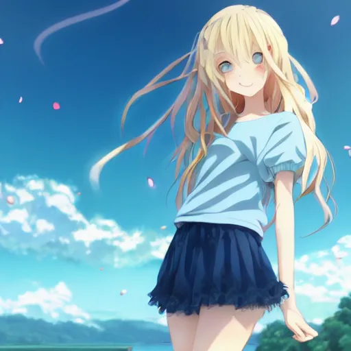 Prompt: a very beautiful anime girl, full body, long wavy blond hair, sky blue eyes, full round face, short smile, cute top, miniskirt, flower in hair, summer lake setting, cinematic lightning, medium shot, mid-shot, highly detailed, trending on Artstation, Unreal Engine 4k, cinematic wallpaper by Stanley Artgerm Lau, WLOP, Rossdraws, James Jean, Andrei Riabovitchev, Marc Simonetti, and Sakimichan