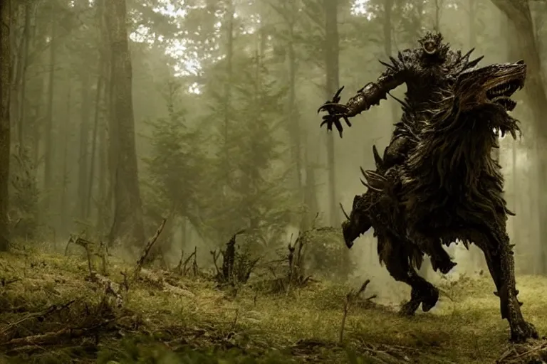 Image similar to vfx movie closeup detailed ancient armored warrior orc hunting riding large wolf in the forest, natural lighting by emmanuel lubezki