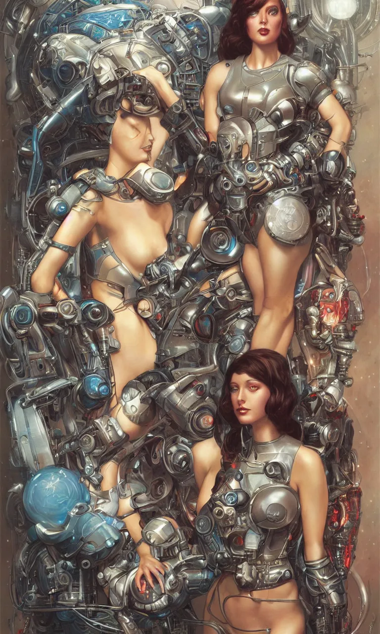 Prompt: the portrait of beautiful retro futuristic cyborg girl 9 0 s style art by tom bagshaw and donato giancola and manuel sanjulian
