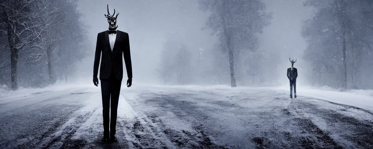 Prompt: Wendigo wearing suit and tie standing in the middle of a snowy street at night, horror, horror photography, cinematic, cinematic lighting, volumetric lighting, atmospheric, octane render, unreal engine, HD, phot, realistic, photo realistic, hyper realistic, hyper realism, photo by Gregory Crewdson, film by Gregory Crewdson,