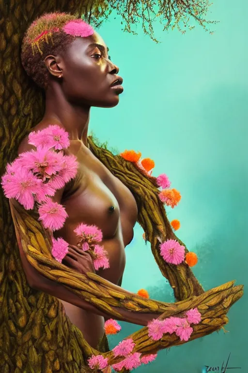 Image similar to hyperrealistic post - renaissance cinematic super expressive! yoruba goddess with exoskeleton armor, merging with tree in a forest, pink orange flowers, highly detailed digital art masterpiece, smooth cam de leon eric zener dramatic pearlescent soft teal light, ground angle hd 8 k, sharp focus