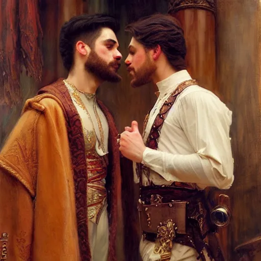 Prompt: attractive fully clothed king confesses his love for his attractive fully clothed male prince. highly detailed painting by gaston bussiere, daniel f. gerhartz, j. c. leyendecker 8 k