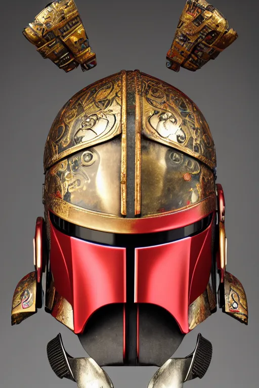 Image similar to an artistic and realistic 8k sculpture of a Mandalorian helmet, bright psychedelic color, dramatic lighting, silver gold red details, filigree, intricate details, cinematic, elegant, micro detail, octane render, filmic, interesting camera angle, nicely centered in frame, 8k post-processing, intricate art by John Collier and Alphonse Mucha and Greg Rutkowski