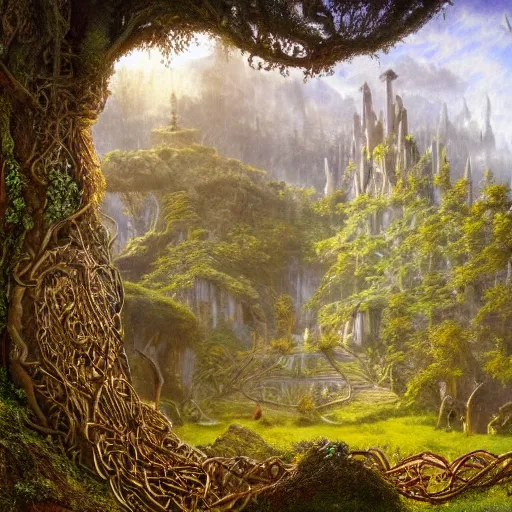 Prompt: a beautiful and highly detailed matte painting of an elven temple in a magical fantasy garden in a lush forest in the mystical mountains, celtic knots, tangled trees, knotted vines, intricate details, epic scale, insanely complex, 8 k, sharp focus, hyperrealism, very realistic, by caspar friedrich, albert bierstadt, james gurney, brian froud,