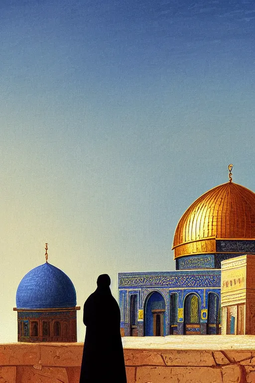 Image similar to a beautiful illustration of dome of the rock jerusalem and a silhouette of a muslim is praying in front of it, impasto paint in the style of martin johnson heade and h. r. giger