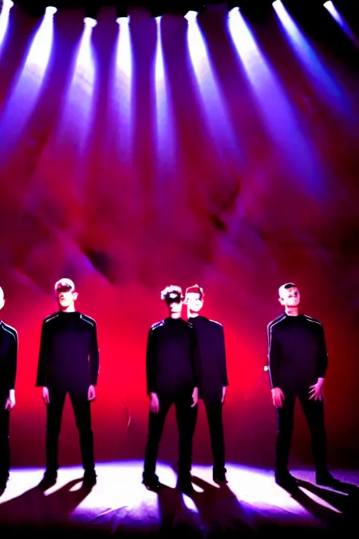 Prompt: the year 2080 art deco boy band, on stage in silouette, dramatic stage lighting for encore,
