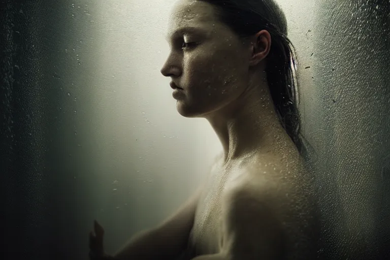 Prompt: an ultra realistic, cinematic, fantasy, portrait, of a woman, face in water, fire, dramatic, soft light, dreamy, facial features, stood in a cell, with prison clothing, detailed, deep focus, movie still, dramatic lighting, ray tracing, by michal karcz and yoshitaka