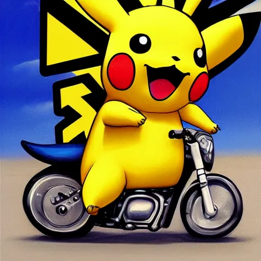 Image similar to pikachu, motorcycle, pikachu riding motorcycle, nestor canavarro hyperrealist art style, sharp brushstrokes