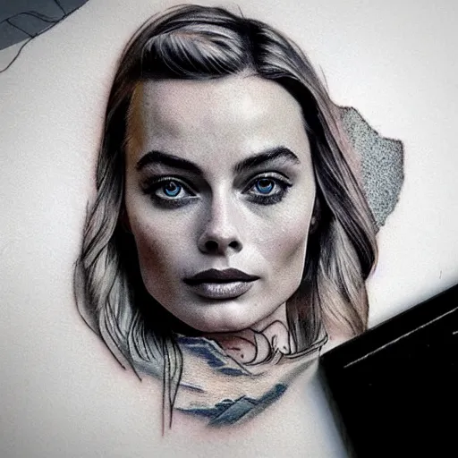 Prompt: tattoo design sketch of double exposure effect on margot robbie face and beautiful mountains, in the style of matteo pasqualin, amazing detail