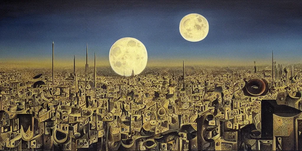 Prompt: love and fear in tehran skyline in a winter night, a full moon in the sky, surreal painting by salvador dali,