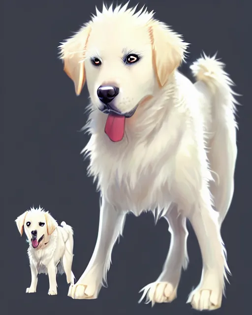 Image similar to character concept art of an anime white golden retriver | | cute - face, fine details by stanley artgerm lau, wlop, rossdraws, james jean, andrei riabovitchev, marc simonetti, and sakimichan, tranding on artstation