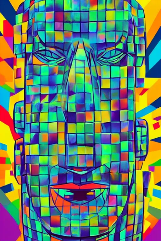 Image similar to cubist moai statue cutout digital illustration cartoon colorful beeple