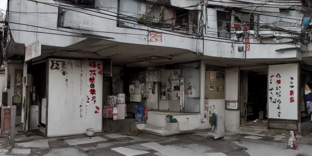 Image similar to an exterior of an abandoned internet cafe in japan, with the japanese sign and art of people playing computers