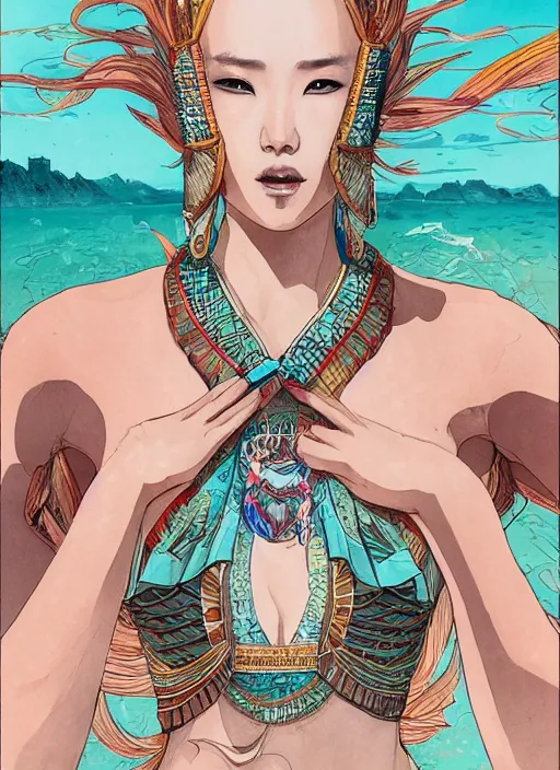 Image similar to lee jin - eun in luxurious dress emerging from turquoise water in egyptian pyramid city during an eclipse by james jean, conrad roset, m. k. kaluta, martine johanna, rule of thirds, elegant look, beautiful, chic, face anatomy, cute complexion