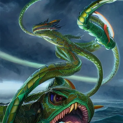 Image similar to hyperrealistic photo of rayquaza the flying sanke like dragon pokemon, character design, concept art, studio lighting, ultra detailed, structured art, ultra detailed, professional photography, cinematic art by artgerm and greg rutkowski and alphonse mucha