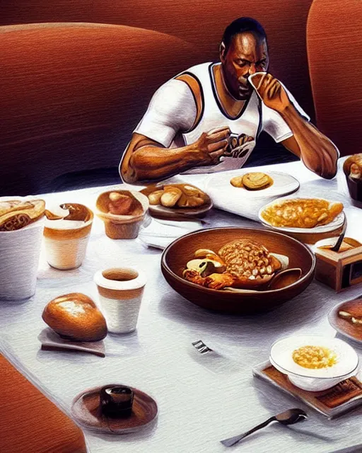 Prompt: micheal jordan eating at panera bread, hyper realistic, ambient lighting, concept art, intricate, hyper detailed, smooth, volumetric lighting, octane