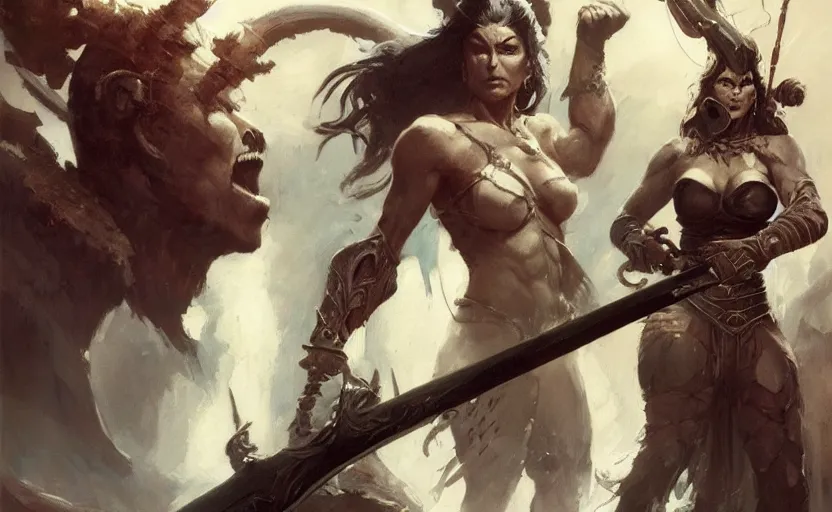 Prompt: A full portrait of a beautiful berserker woman, with an oversized sword, by Frank Frazetta, Greg Rutkowski, Boris Vallejo, epic fantasy character art, Exquisite detail, post-processing, masterpiece, cinematic