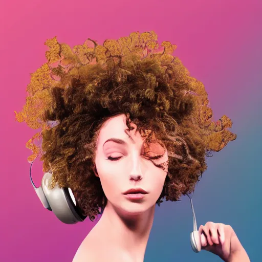 Prompt: flume_and_former_cover_art_future_bass_girl_unwrapped_statue_bust_curls_of_hair _petite_lush mushroom person listening to music headphones_model_futuristic_material_simple_backgroundg