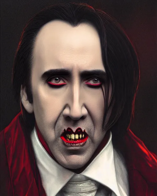 Image similar to nicolas cage as dracula, dogtooth, highly detailed, centered, artstation, concept art, smooth, sharp focus, illustration, bokeh art by artgerm and donato giancola and joseph christian leyendecker