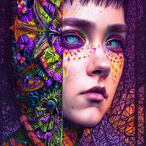 Image similar to portrait of lashana lynch, hyper detailed masterpiece, neon floral pattern, jean giraud, digital art painting, darkwave goth aesthetic, psychedelic, artgerm, donato giancola and tom bagshaw