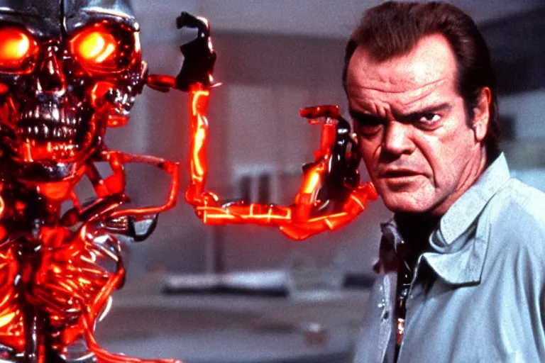 Image similar to Jack Nicholson plays Terminator, his one yes glow red, scene where his endoskeleton is exposed, still from the film