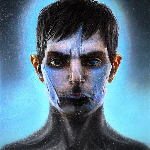 Image similar to surreal portrait of a man by Greg Rutkowski, symmetrical face, he is about 30 years old, short black hair with bangs, his features are a mix between French, Turkish and Russian, transformed into a kind of biomechanical transhuman god, blue glowing eyes, expression of epiphany and determination, cosmic void background, frightening, fascinating, highly detailed portrait, digital painting, book cover, artstation, concept art, smooth, sharp foccus ilustration, Artstation HQ