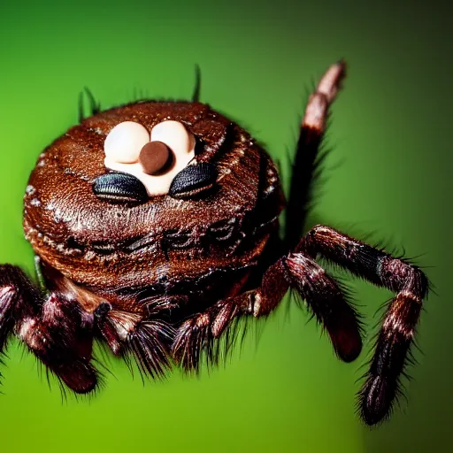 Image similar to detailed photograph of a levitating chocolate ice cream cone becoming a hairy spider body at the bottom. dramatic, golden light. realistic photograph.