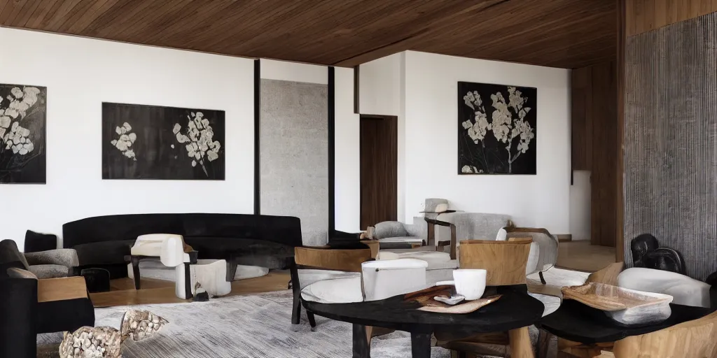 Image similar to lounge and dining room, stone, interior design, stylish luxury hotel living room design, yakisugi, black vertical slatted timber, textures, feminine, black walls, art, Japanese pottery vase with flowers, kakejiku, seasonal, Japanese influences