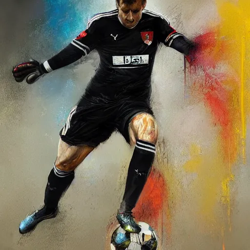 Prompt: A realistic hyperdetailed multi-colored digital oil full body portrait painting of a fat goal keeper saving a penalty, black jersey, short hair, in the style of Guy Denning, Ruan Jia, and Craig Mullins. Trending on ArtStation and DeviantArt. CGSociety Digital art.