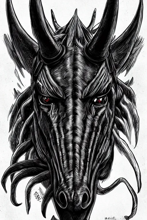 Image similar to demon horse with a horn, symmetrical, highly detailed, digital art, sharp focus, trending on art station, kentaro miura manga art style