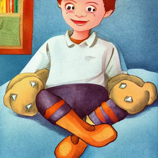 Image similar to little kid in his room holding teddy bear in style of kids book illustration