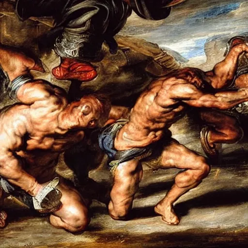 Prompt: a realistic painting of two gladiators fighting each other inside the colosseum, hot weather, brutal fight, extreme detail, action pose Peter Paul Rubens
