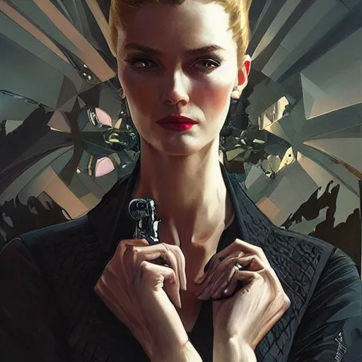 Image similar to “ daria strokous as james bond villainess with evil grin, intricate, elegant, highly detailed, digital painting, artstation, concept art, smooth, sharp focus, illustration, art by artgerm and greg rutkowski and alphonse mucha ”