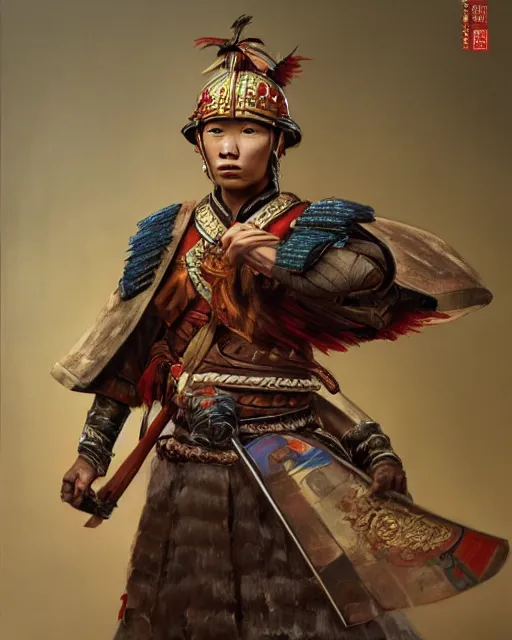 Prompt: portrait of a handsome young tai warrior, art by lixin yin and denys tsiperko and bogdan rezunenko, hyperrealism, historical costume, fantasy art