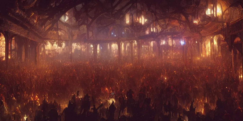 Prompt: Interior of a crowded fantasy medieval night club, Greg Rutkowski, Frank Frazetta, trending on Artstation, 8K, ultra wide angle, establishing shot, pincushion lens effect, zenith view