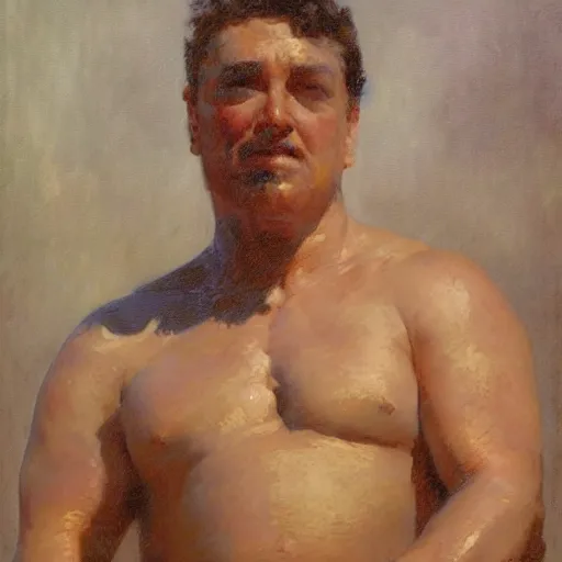 Prompt: a man with a flabby body type, painting by Gaston Bussiere, Craig Mullins