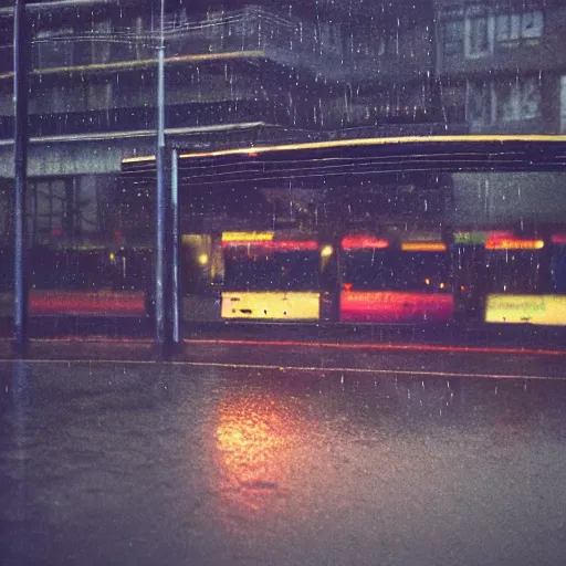 Image similar to 1990s perfect 8K HD professional cinematic photo of a bus stop in dystopian world, at evening during rain, at instagram, Behance, Adobe Lightroom, with instagram filters, depth of field, taken with polaroid kodak portra