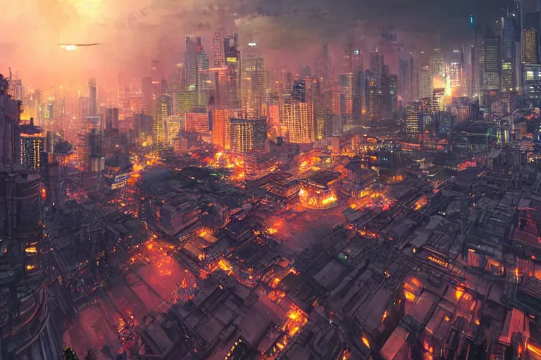 Prompt: scifi bangkok cityscape. wide angle night photo. helicopter view. temple by river in background exaggerated detail. volumetric lighting. art by krenz cushart and wenjun lin and masamune shirow.