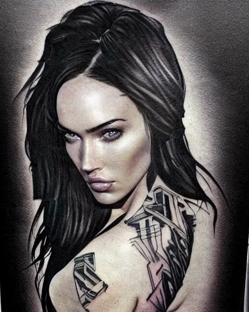 Image similar to double exposure effect tattoo sketch of a megan fox portrait blended with beautiful mountain scenery, surreal, in the style of matteo pasqualin, amazing detail, sharp