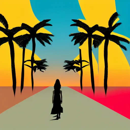 Image similar to woman walking with backdrop showing the sky, palm trees. in minimal colourful geometric illustration style digital painting