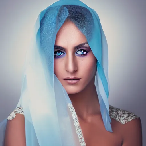 Image similar to Arab young Monica Belluci, tanned skintone, bright blue eyes, white transparent veil, glare face, light blue dress portrait